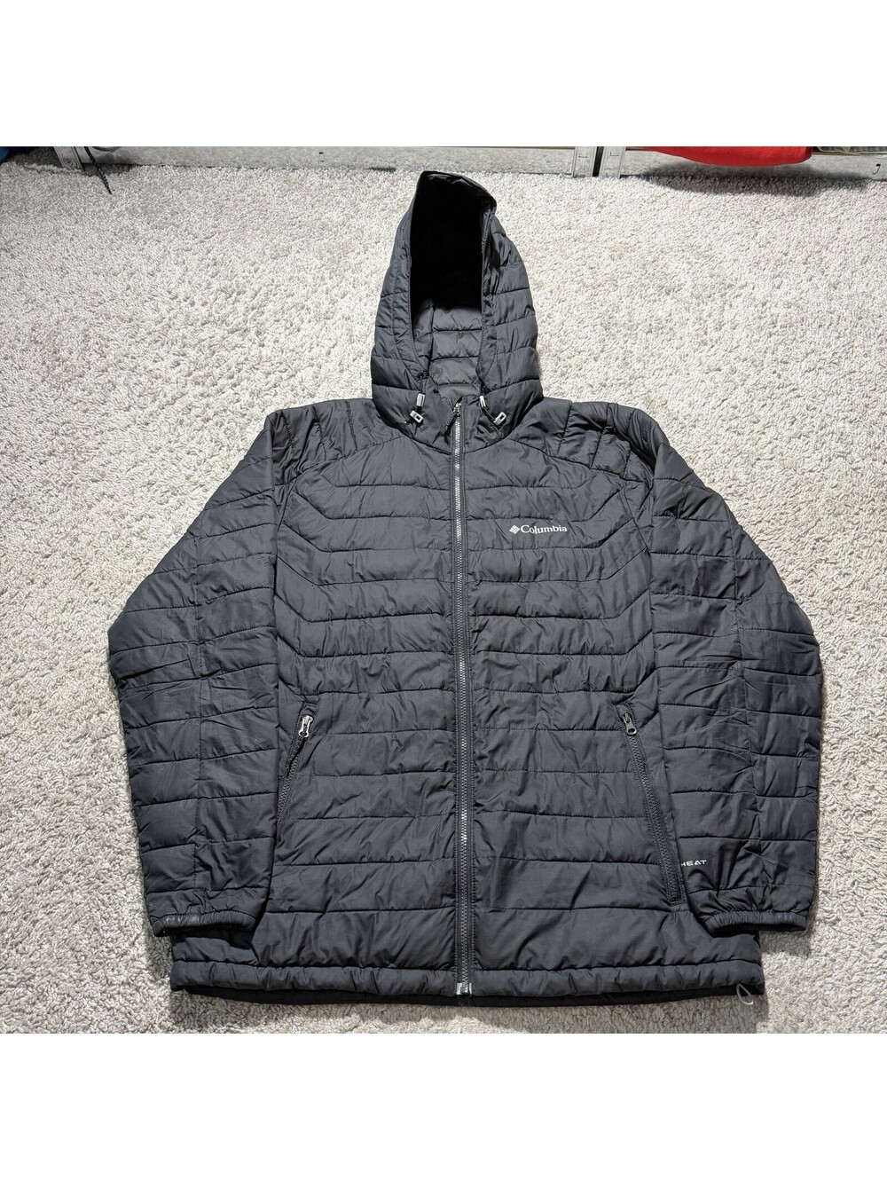 Columbia Mens Black Insulated Omni-Heat Quilted Puffer Jacket Hood Size Large
